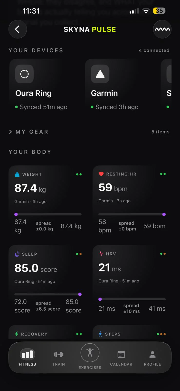 SKYNA Pulse showing wearable health data from watch, ring, band and scale in one timeline